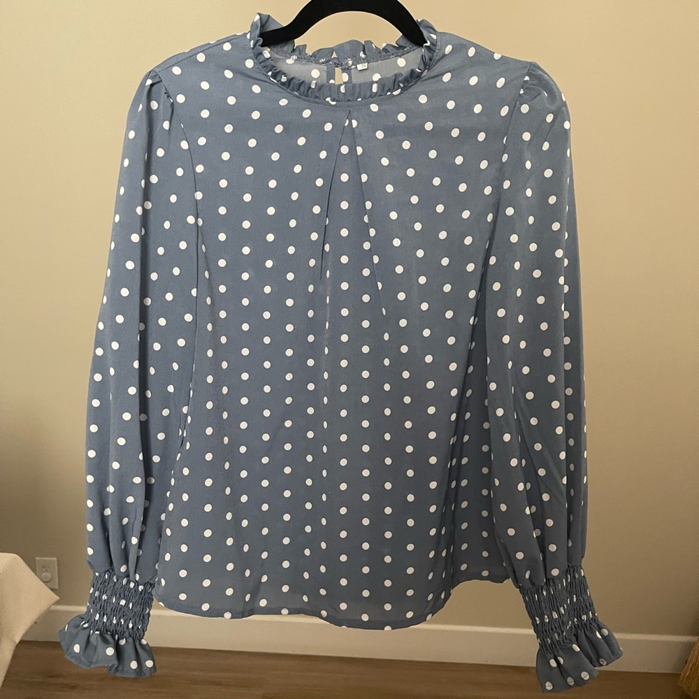 blue and white polka dot long sleeve chiffon style shirt